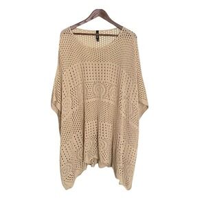 Torrid Womens Tan Beige Open Knit Crochet Poncho Sweater Scalloped Hem One Size
